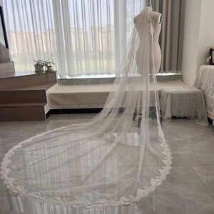 Elegant Ivory Lace Trim Mantilla Veil